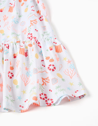 Sleeveless A-line cotton dress with beach motif for girls, white