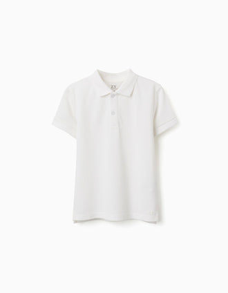 Short sleeve cotton piqué polo shirt for boys, white