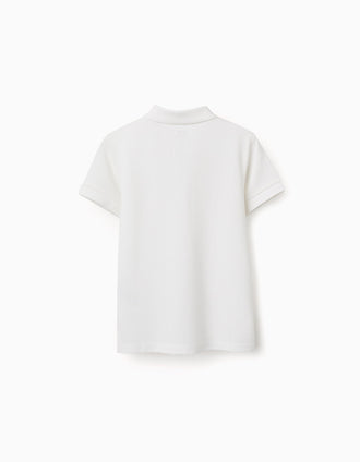 Short sleeve cotton piqué polo shirt for boys, white