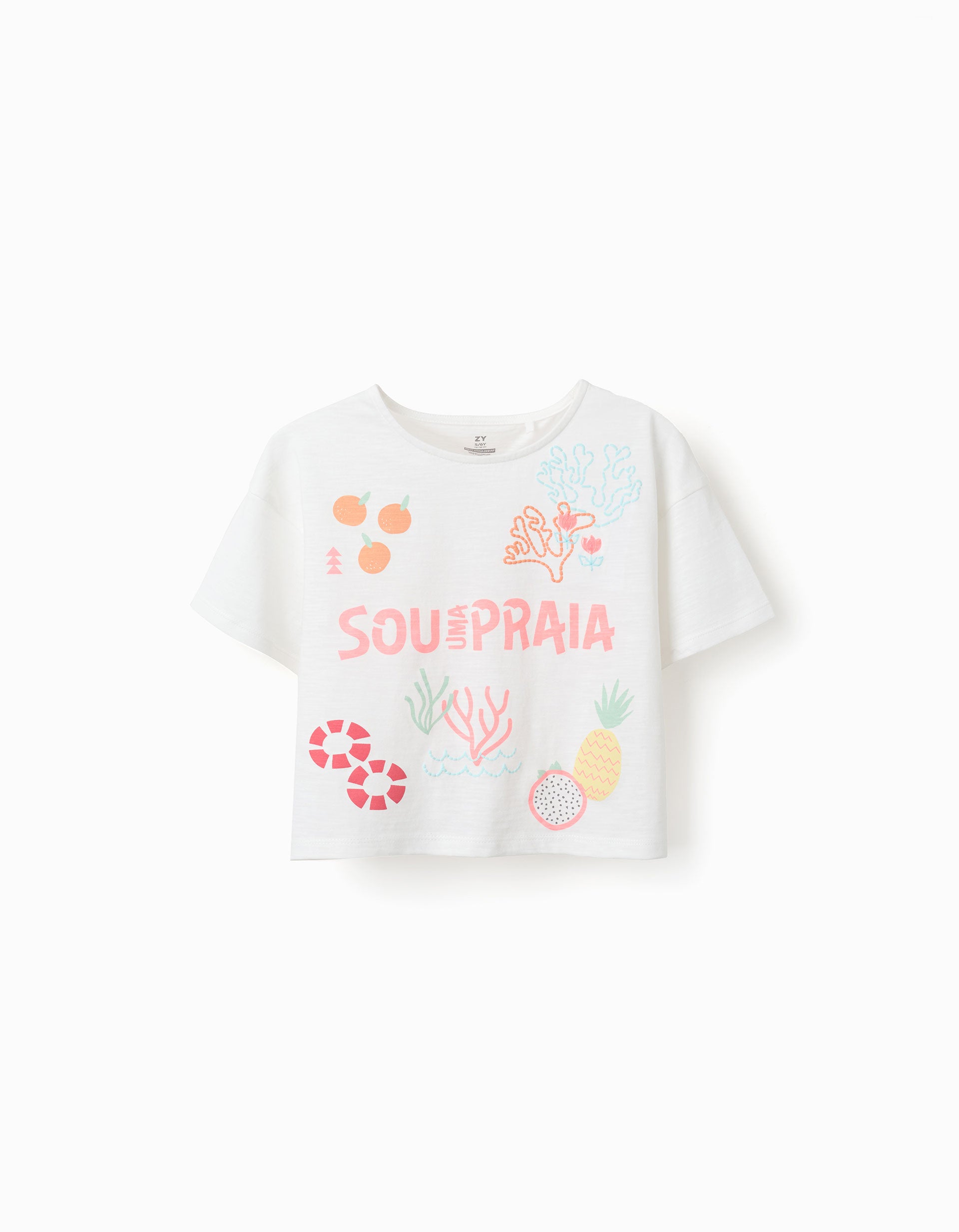Cropped cotton T-shirt with beach front print for girls, white