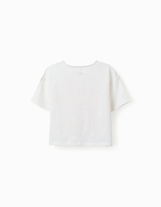 Cropped cotton T-shirt with beach front print for girls, white