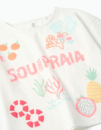 Cropped cotton T-shirt with beach front print for girls, white