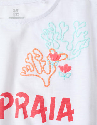 Cropped cotton T-shirt with beach front print for girls, white