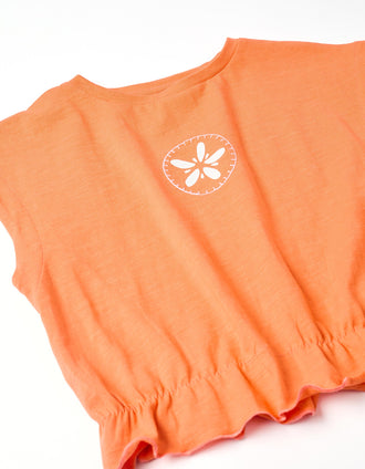 Cotton T-shirt with flower print and ruffles for girls, orange