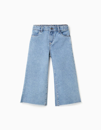Jean à jambe large et ourlets effilochés pour fille, bleu clair