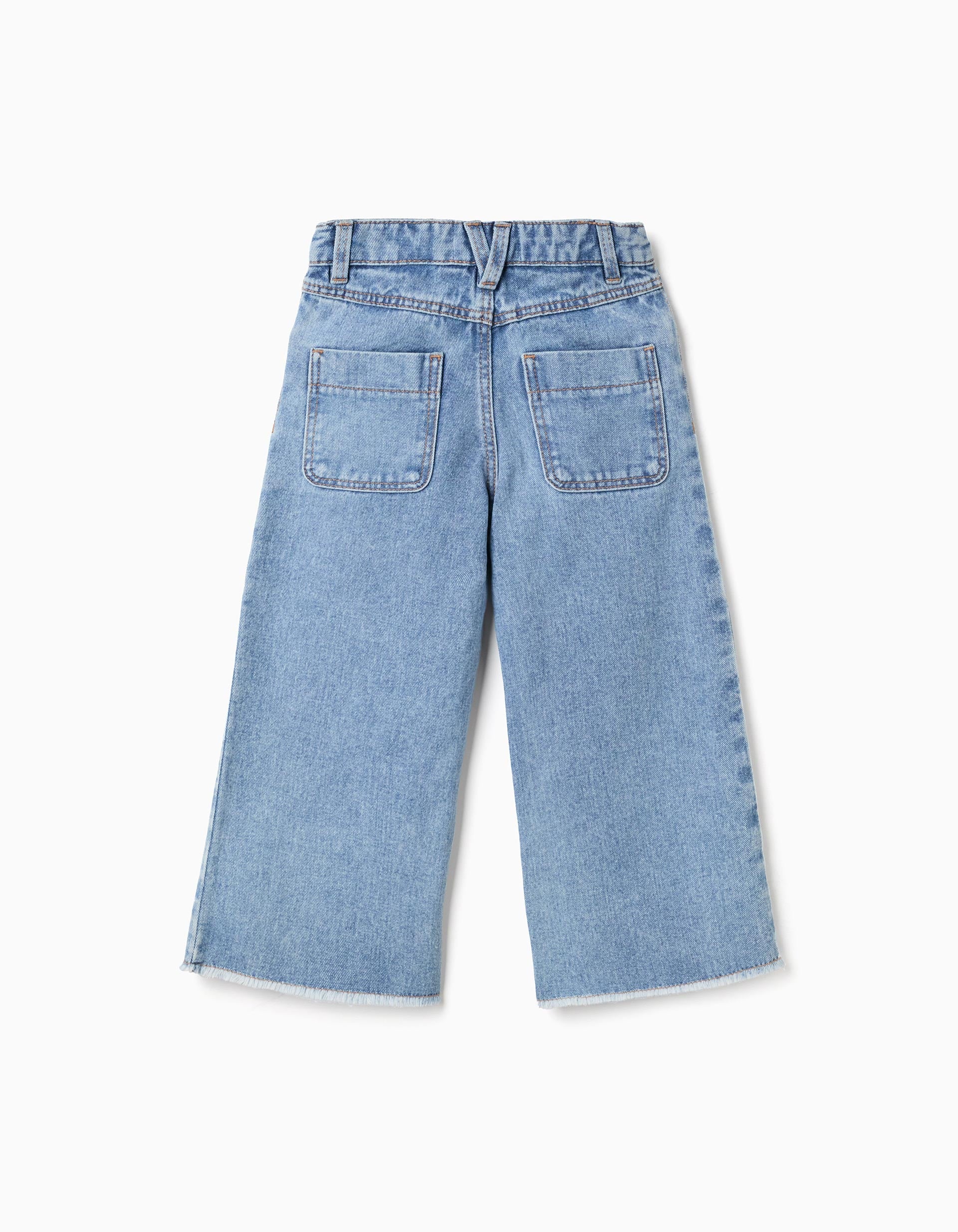 Calças de ganga wide leg com bainhas desfiadas para menina, azul-claro