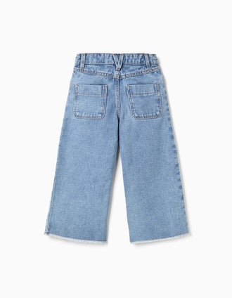 Jean à jambe large et ourlets effilochés pour fille, bleu clair