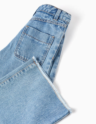 Jean à jambe large et ourlets effilochés pour fille, bleu clair