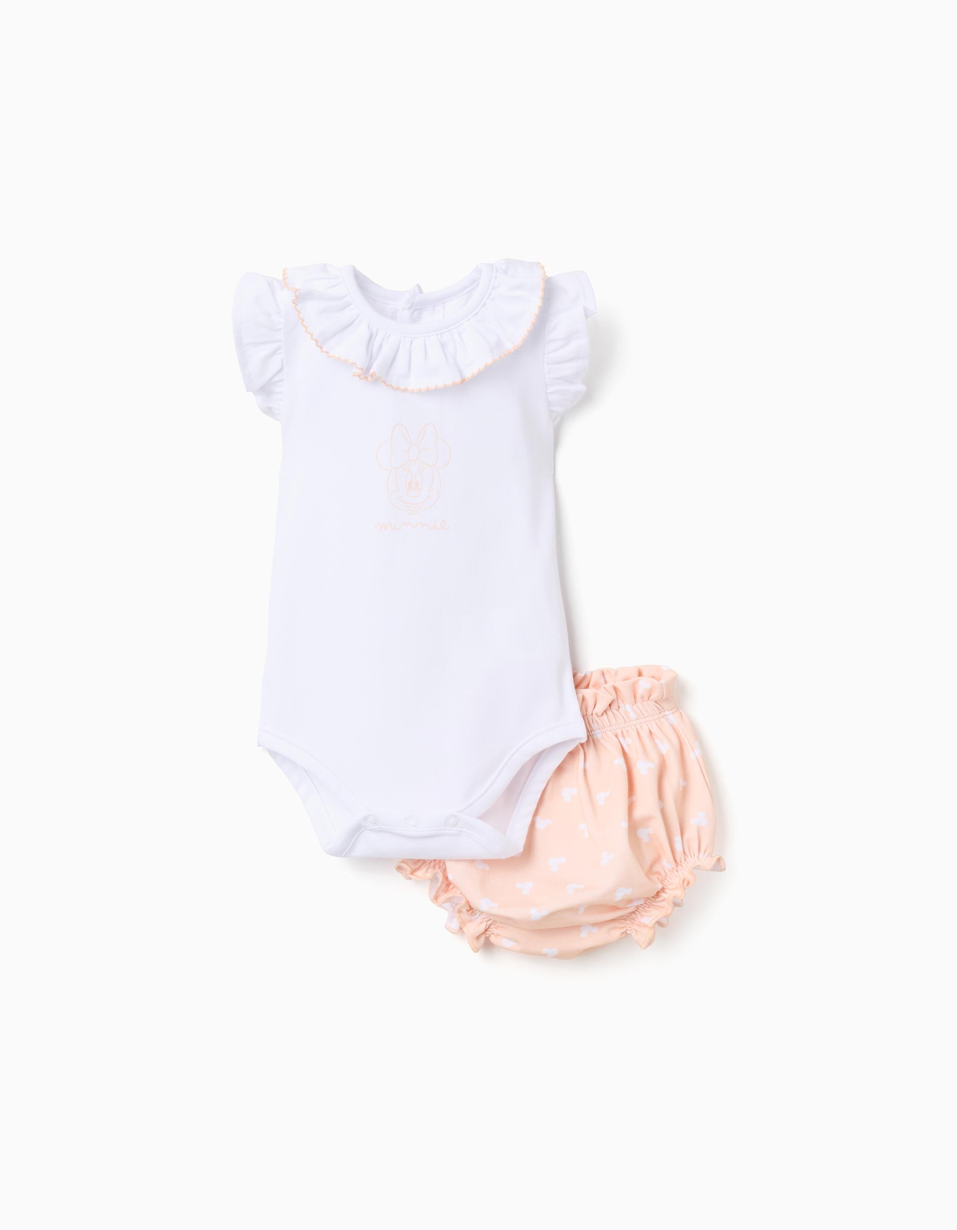 Bodysuit + bloomers with Minnie print for newborn girls, white/orange