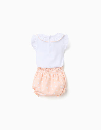 Bodysuit + bloomers with Minnie print for newborn girls, white/orange