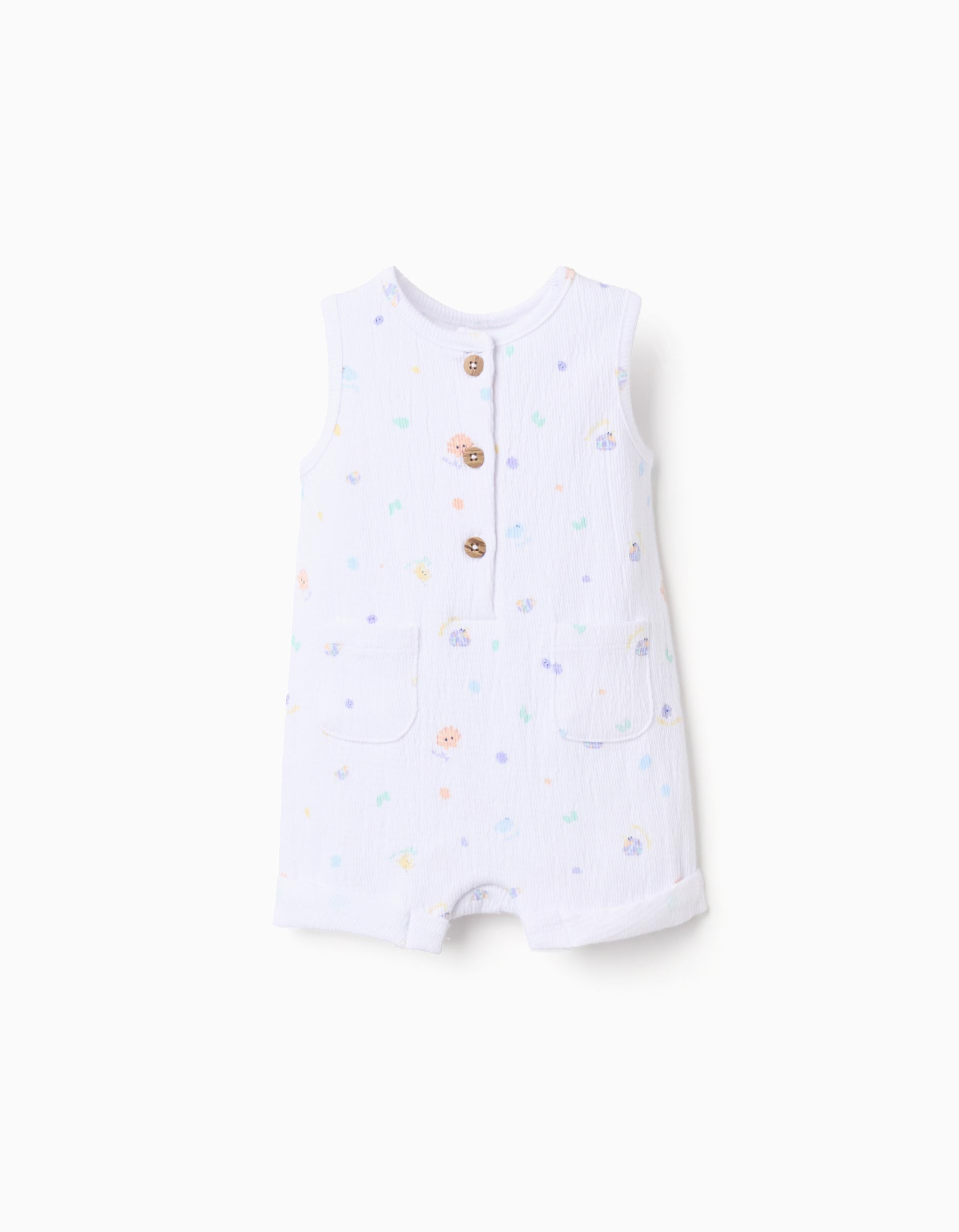 Sleeveless cotton romper with shellfish motif for newborns, white