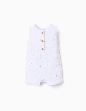 Sleeveless cotton romper with shellfish motif for newborns, white