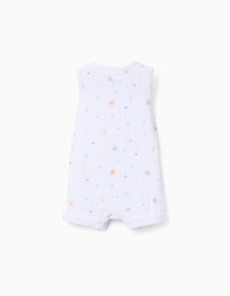 Sleeveless cotton romper with shellfish motif for newborns, white