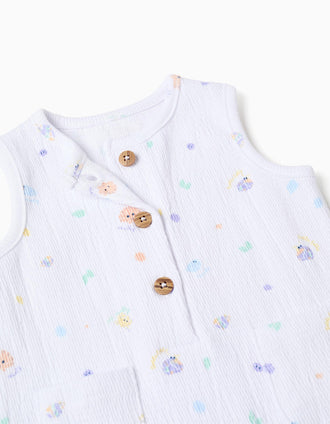 Sleeveless cotton romper with shellfish motif for newborns, white