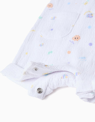 Sleeveless cotton romper with shellfish motif for newborns, white