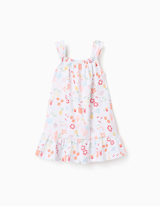 Sleeveless A-line cotton dress with beach motif for baby girls, white