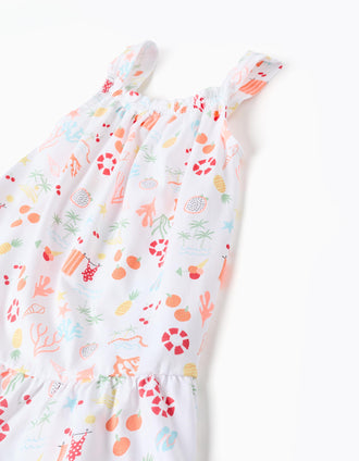 Sleeveless A-line cotton dress with beach motif for baby girls, white