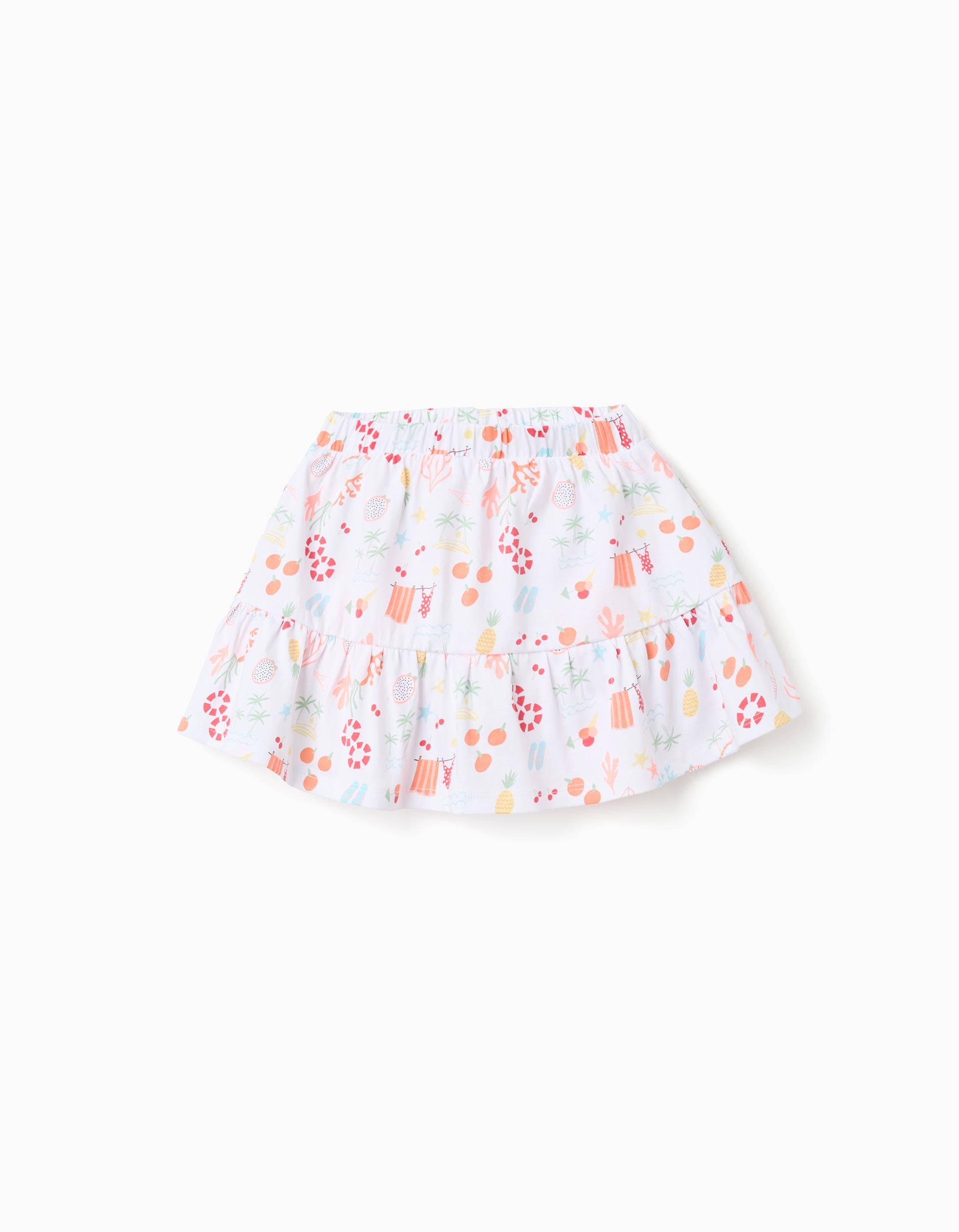 Cotton skort with beach motif and elastic waist for girls, white