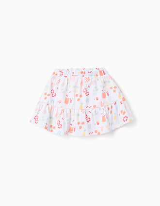 Cotton skort with beach motif and elastic waist for girls, white