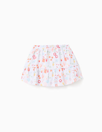 Cotton skort with beach motif and elastic waist for girls, white