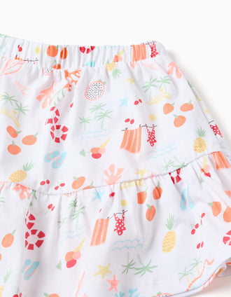Cotton skort with beach motif and elastic waist for girls, white