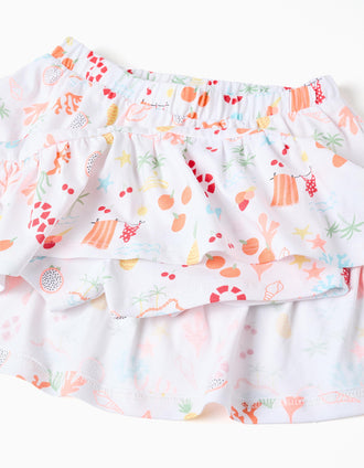 Cotton skort with beach motif and elastic waist for girls, white