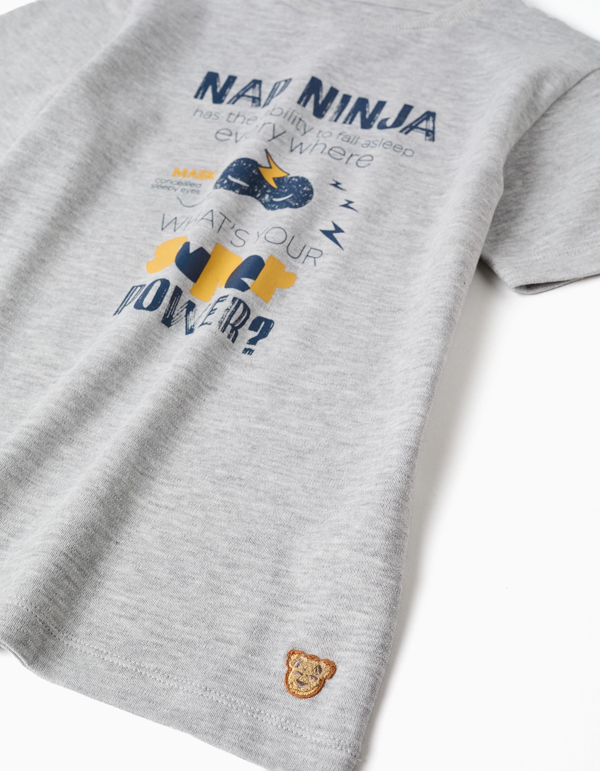 Cotton pyjamas with Nap Ninja print for boys, grey/mustard yellow