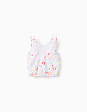 Sleeveless cropped cotton top with beach motif for girls, white