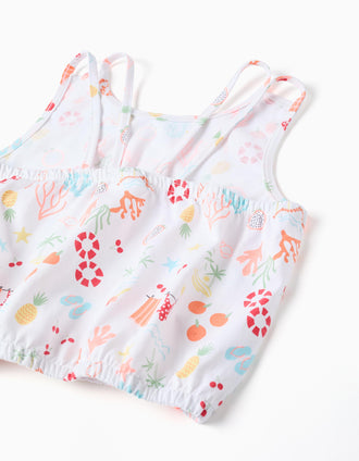 Sleeveless cropped cotton top with beach motif for girls, white