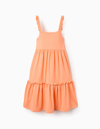Sleeveless cotton dress with ruffled straps for girls, orange