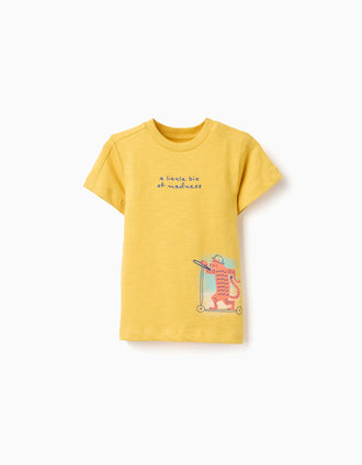 T-shirt de algodão com estampado de tigre para bebé menino, amarelo