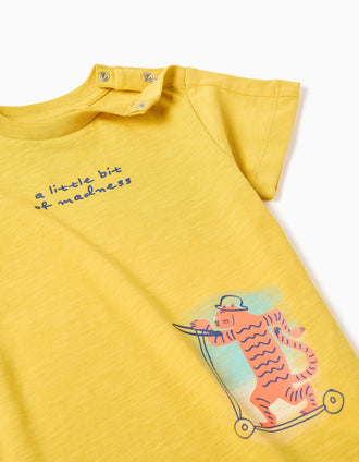 T-shirt de algodão com estampado de tigre para bebé menino, amarelo