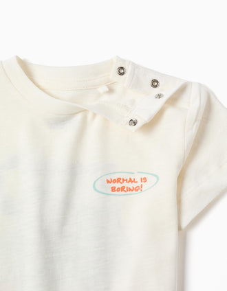 T-shirt de algodão com elefante estampado para bebé menino, bege-claro