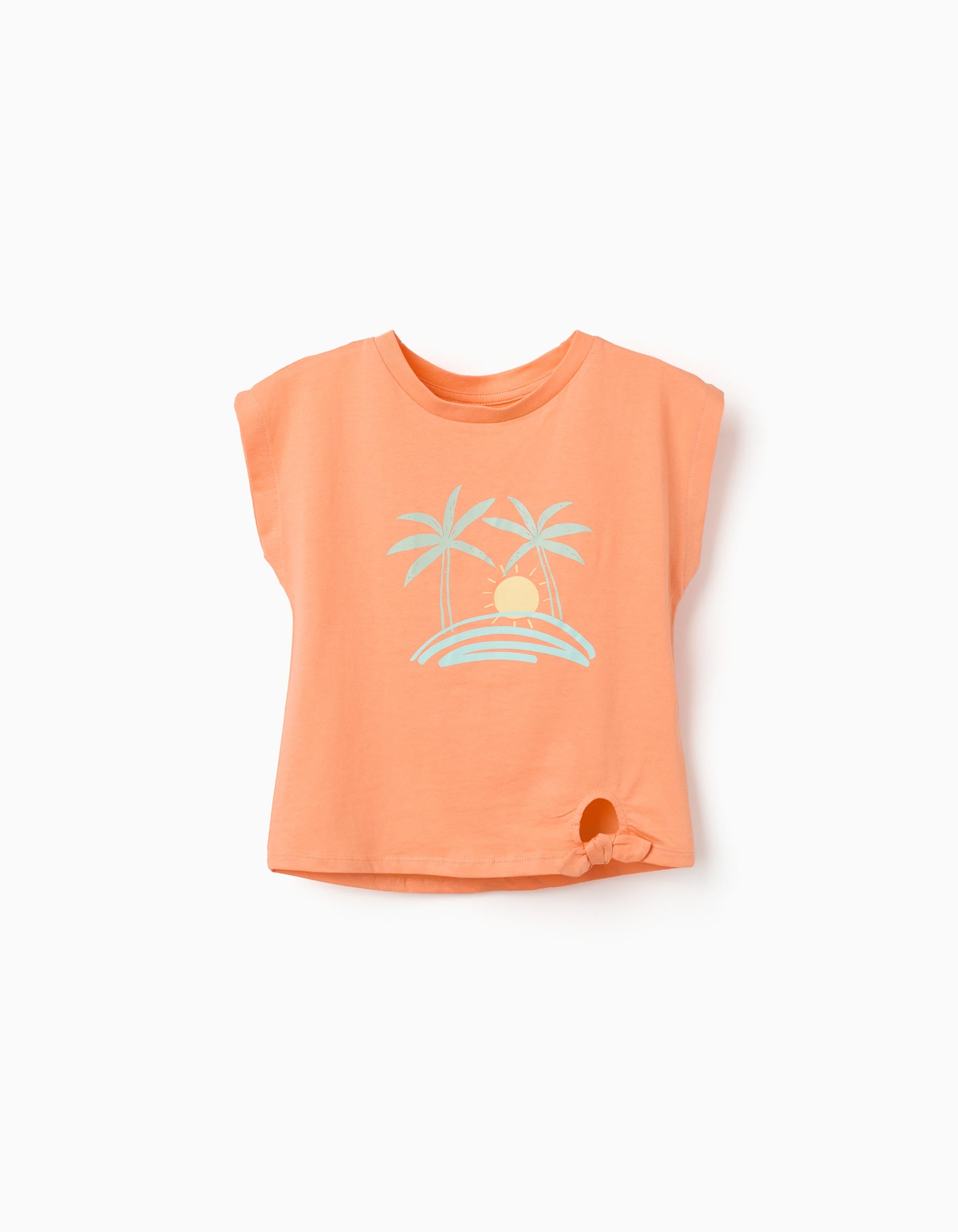 Cotton T-shirt with sun and palm trees print for girls, orange
