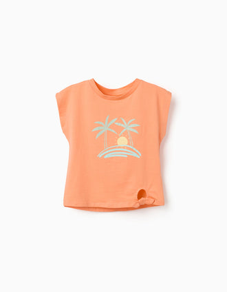 Cotton T-shirt with sun and palm trees print for girls, orange