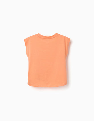 Cotton T-shirt with sun and palm trees print for girls, orange