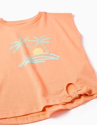 Cotton T-shirt with sun and palm trees print for girls, orange