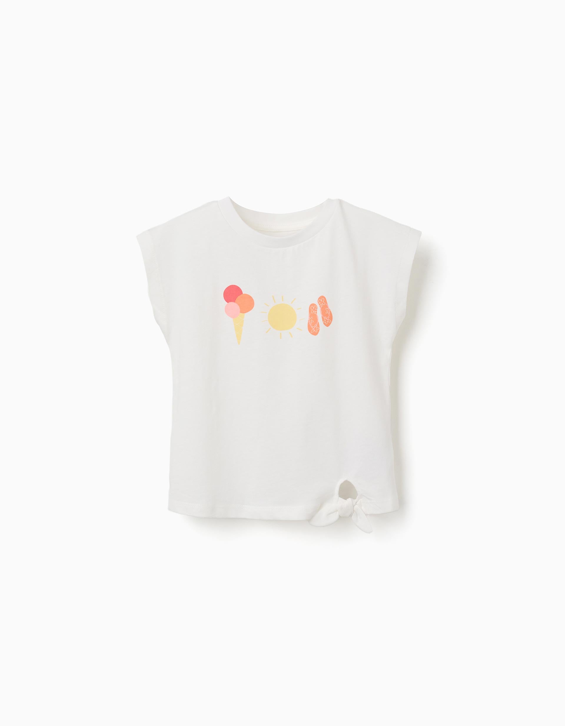 Cotton T-shirt with summer print for girls, white