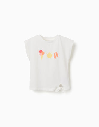 Cotton T-shirt with summer print for girls, white