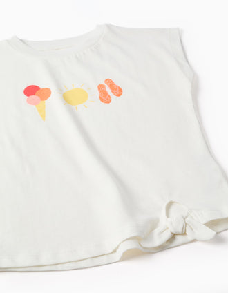 Cotton T-shirt with summer print for girls, white