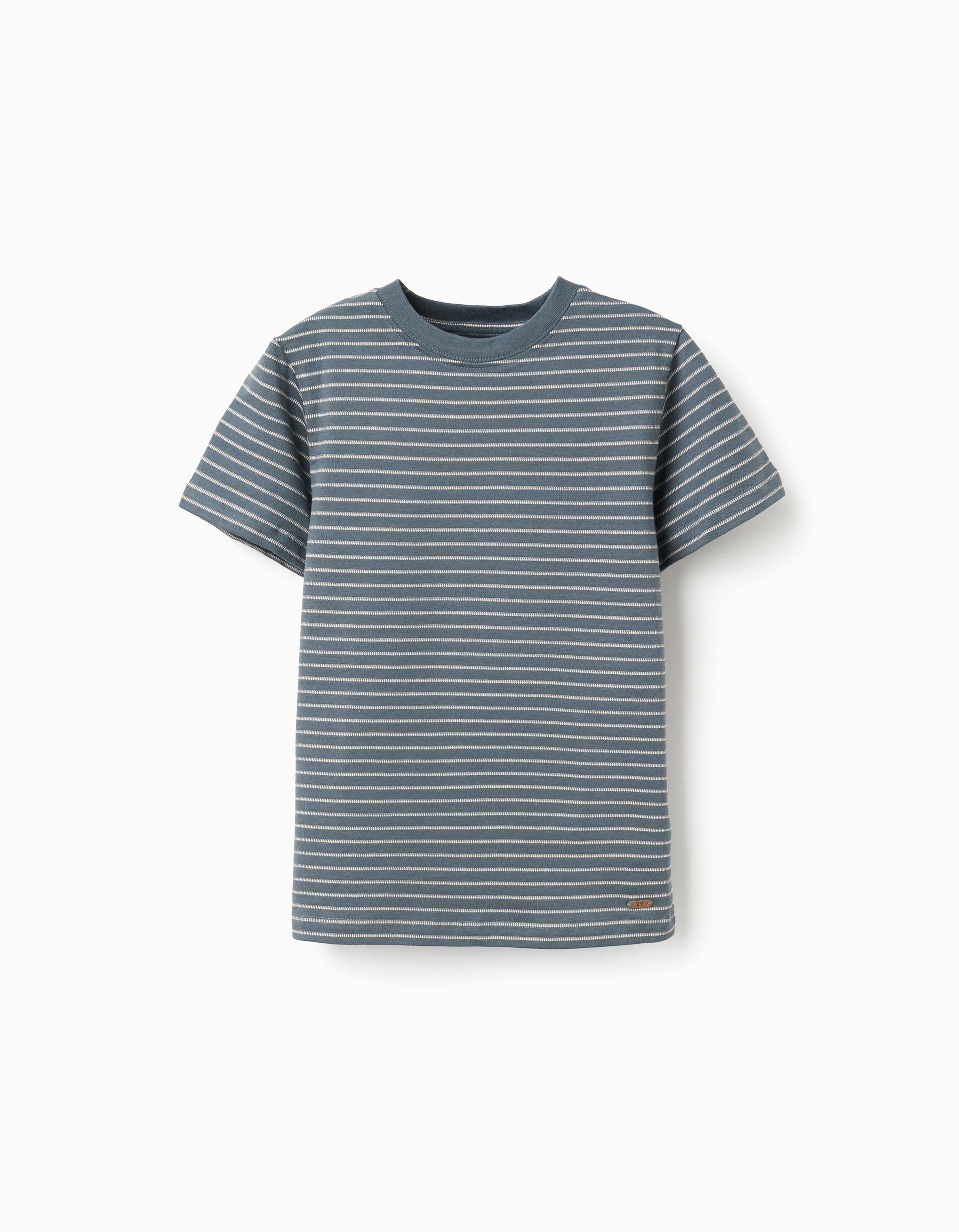 T-shirt en coton avec rayures en jacquard pour garçon, bleu/beige