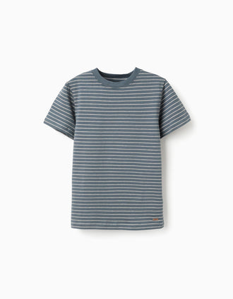 Cotton T-shirt with jacquard stripes for boys, blue/beige