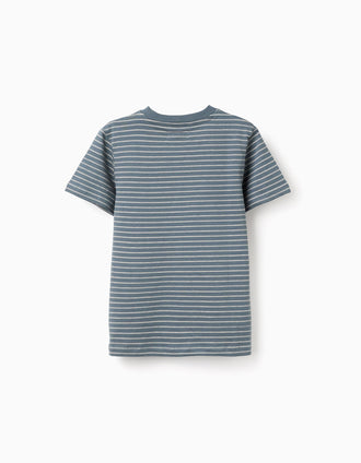 Cotton T-shirt with jacquard stripes for boys, blue/beige