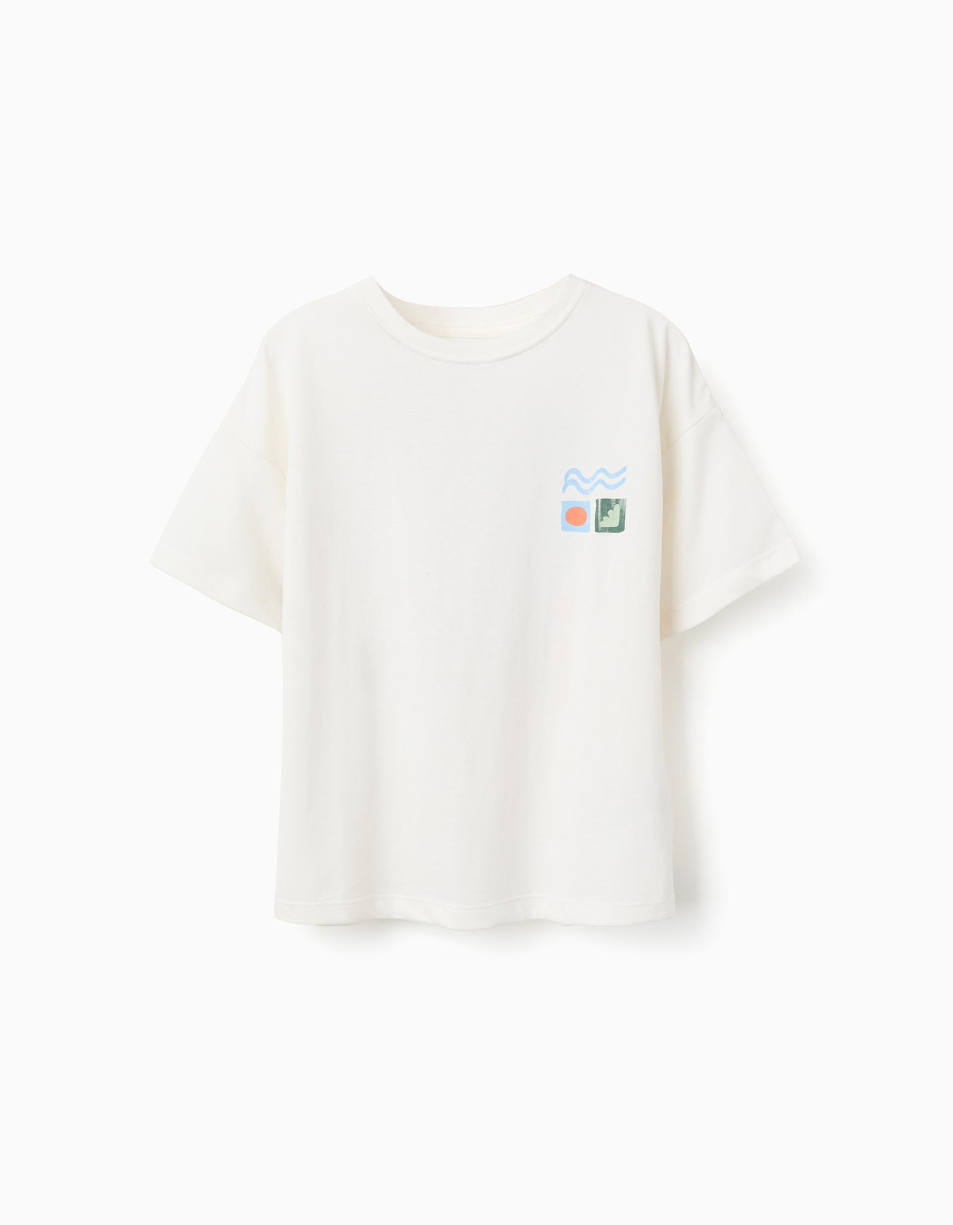 Cotton T-shirt with colourful beach prints for boys, white