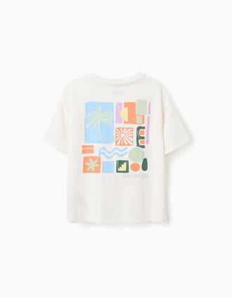 Cotton T-shirt with colourful beach prints for boys, white