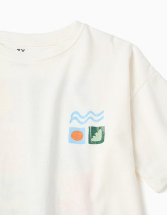 Cotton T-shirt with colourful beach prints for boys, white