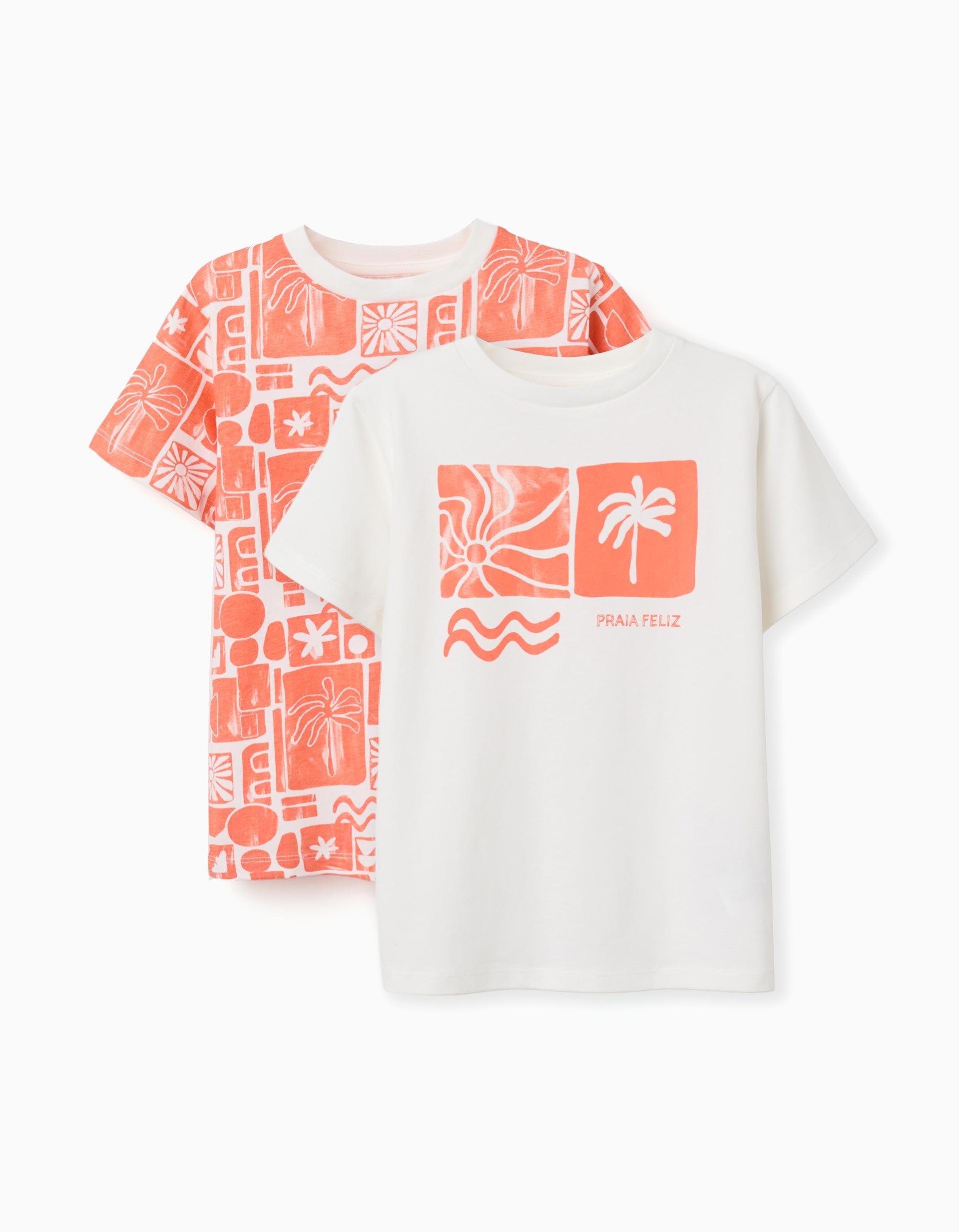 2 T-shirts de algodão com estampados de praia para menino, branco/laranja