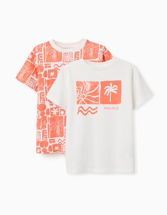 2 T-shirts de algodão com estampados de praia para menino, branco/laranja