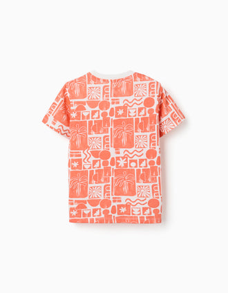 2 T-shirts de algodão com estampados de praia para menino, branco/laranja