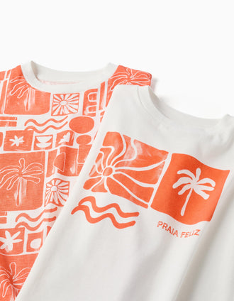 2 T-shirts de algodão com estampados de praia para menino, branco/laranja